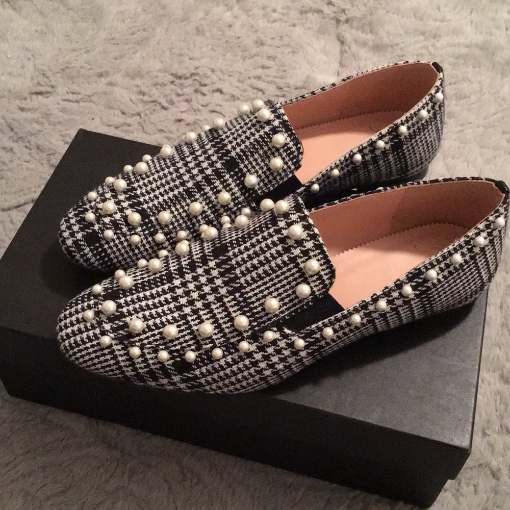 J.Crew Janie Loafer Glen Plaid With Pearls Sz 7.5